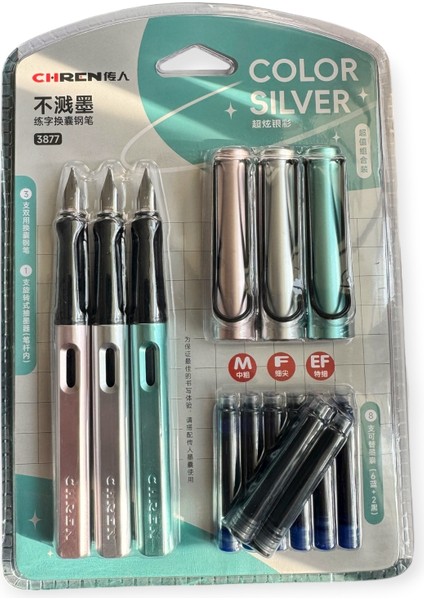 Chren Premium Dolma Kalem Seti, 3'lü Gümüş Renkli Mürekkepli Kalem, Ef-F-M Uçlu, Kartuşlu Kalem Takımı