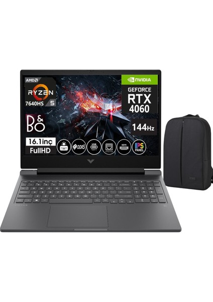 Victus Laptop 16 - Amd Ryzen 5 - 7640HS RTX4060 (8gb) 24GB Ddr5 512GB SSD 16.1 Inç 144Hz IPS Fhd WINDOWS11 Pro Taşınabilir Bilgisayar +Cimete Çanta