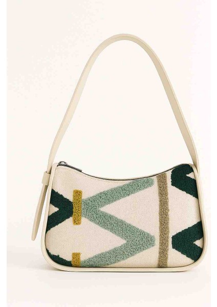 Krem Suni Deri Askılı Etnik Desenli Kadın Omuz Çantası – Yeşil ve Hardal Detaylı