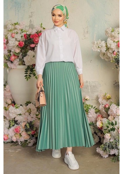 Zarif ve Modern Pileli Parlak Krep Gizli Lastikli Mint Etek ( Lisinya )