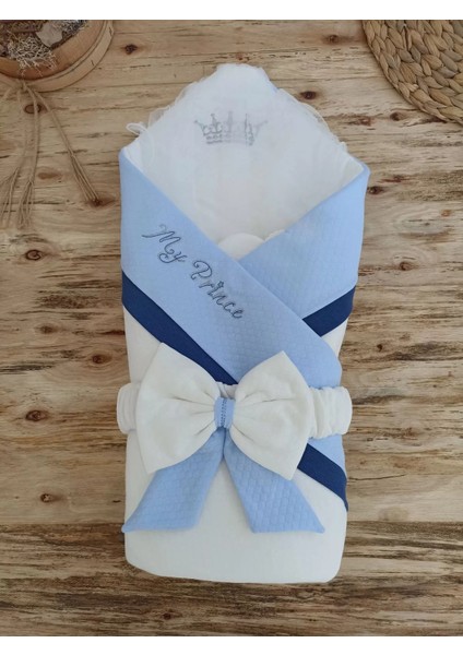 Yenidoğan Bal Peteği My Prince Taç Nakışlı Delüks Kundak Bebek Battaniyesi Mavi