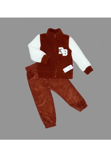 1-2-3 Yaş Kuzu Kumaş Fermuarlı Sweat Kadife Pantolonlu Uzun Kollu Kız Erkek Çocuk 2li Takım Kahverengi