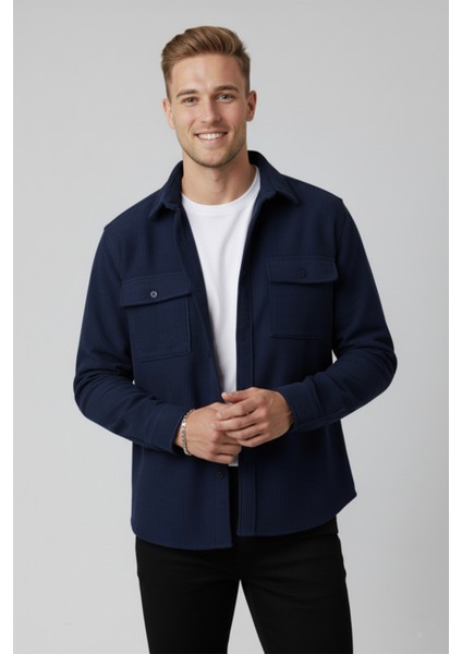 Lacivert Cepli Likralı Kadife Kumaş Rahat Kesim Erkek Gömlek – Yumuşak Dokulu, Şık Tasarım Gömlek 2600759