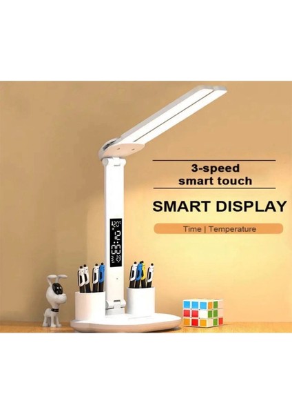 LED Dokunmatik Katlanabilir Masa Lambası Takvim Sıcaklık Saat Şarjlı Masa Lambası ( Lisinya )