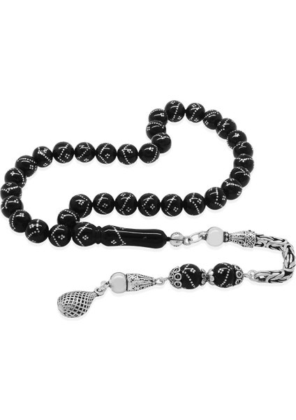 925 Ayar Gümüş Kral Zincir Püsküllü Gümüş Işlemeli Küre Kesim Erzurum Oltu Taşı Tesbih