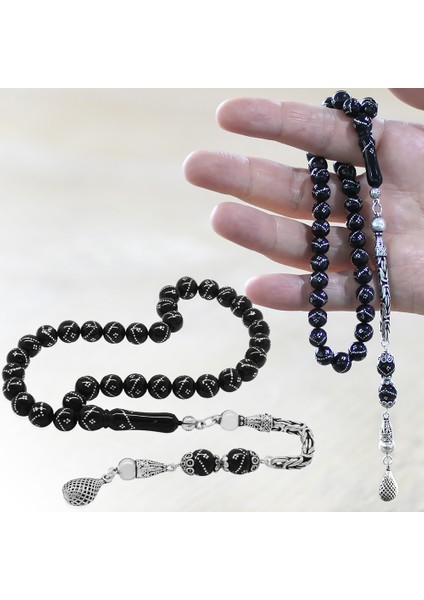 925 Ayar Gümüş Kral Zincir Püsküllü Gümüş Işlemeli Küre Kesim Erzurum Oltu Taşı Tesbih fiyatları