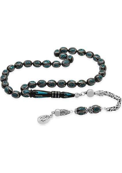 925 Ayar Gümüş Kral Zincir Püsküllü Gümüş Firuze Işlemeli Arpa Kesim Erzurum Oltu Tesbih