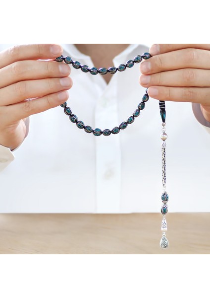 925 Ayar Gümüş Kral Zincir Püsküllü Gümüş Firuze Işlemeli Arpa Kesim Erzurum Oltu Tesbih modelleri