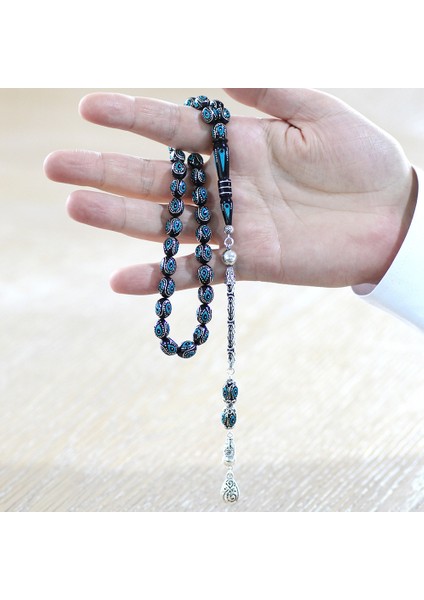 925 Ayar Gümüş Kral Zincir Püsküllü Gümüş Firuze Işlemeli Arpa Kesim Erzurum Oltu Tesbih fırsatları