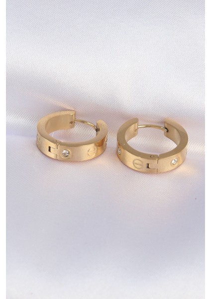 316L Çelik Gold Renk Zirkon Taşlı Model Halka Küpe - Lisinya