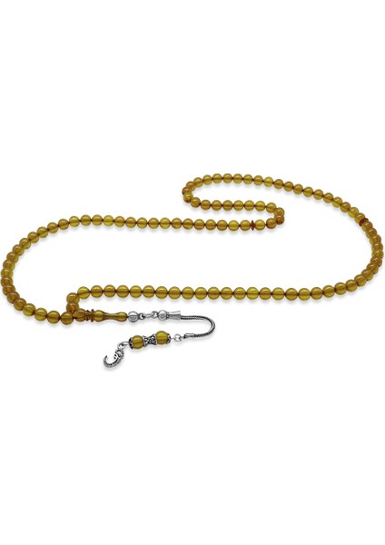 925 Ayar Gümüş Püsküllü Küre Kesim Sarı Ateş Kehribar 99 Taneli Namaz Tesbihi