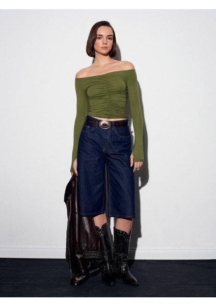 32089 Omuzları Açık Büzgülü Top-Açık Haki fiyatları