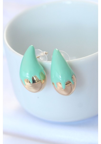 Minimal Turkuaz Mineli Çift Renk Damla Küpe - Lisinya