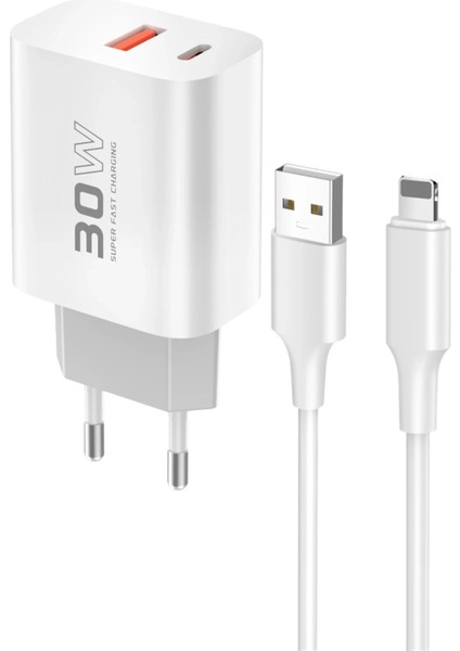 Yzlal Konfulon C89Q 1 Adet 30W Type-C ve 1 Adet 22.5W USB Çıkışlı Ekstra DL48 1m USB To Lightning Kablolu Pd Şarj Cihazı - Beyaz