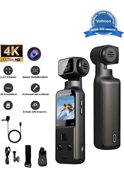 4K Ultra Hd 270° Döndürülebilir Su Geçirmez Kablosuz Vlog Spor ve Aksiyon Kamerası - Lisinya