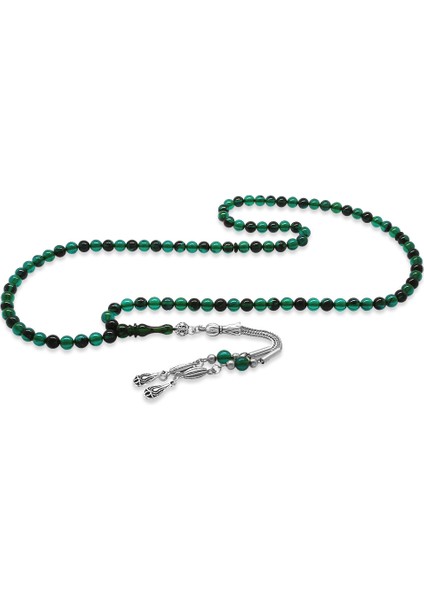 Kararmaz Metal Su Damlası Püsküllü Küre Kesim Turkuaz Siyah Ateş Kehribar 99 Taneli Namaz Tesbihi