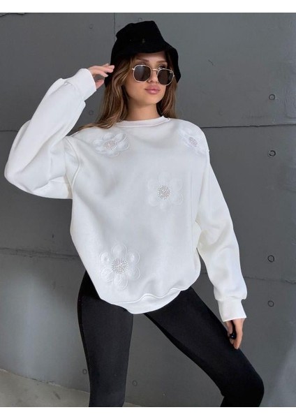 5756 Çiçekli Sweat Beyaz