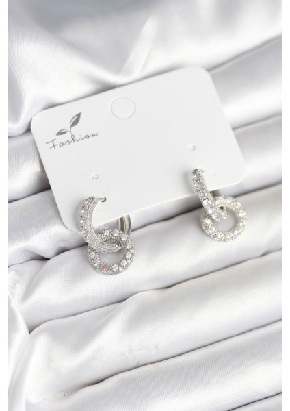 Gümüş Renk Pirinç Zirkon Taşlı Halka Model Kadın Küpe - Lisinya