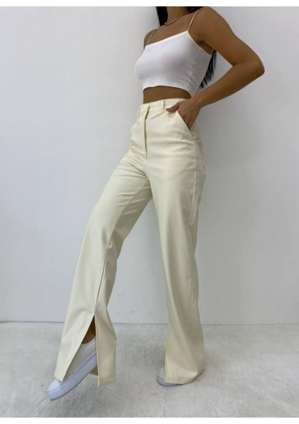Kadın Beyaz Deri Pantolon - 10643