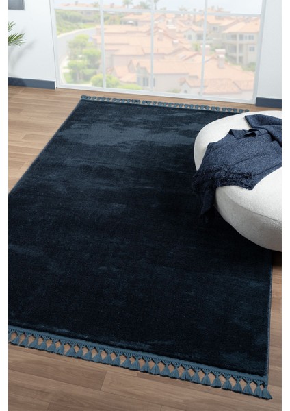 Cloudy Mavi Örgü Saçaklı Peluş Yumuşacık Yıkanabilir Kaymaz Taban Halı Salon Oturma Odası Koridor