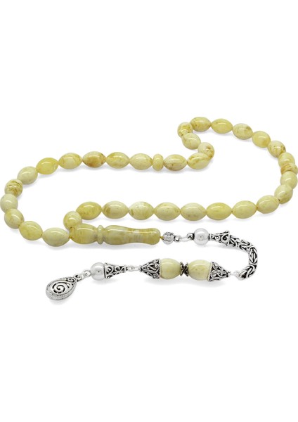 Damla Kehribar Tesbih - 925 Ayar Gümüş Kral Püsküllü - King Seccer - Arpa Kesim - Premium Kutulu fiyatları