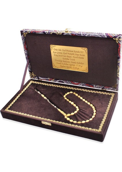 Damla Kehribar Tesbih - 925 Ayar Gümüş Kral Püsküllü - King Seccer - Arpa Kesim - Premium Kutulu modelleri