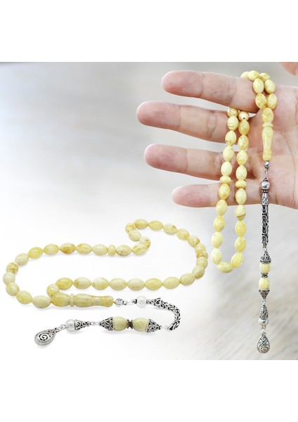 Damla Kehribar Tesbih - 925 Ayar Gümüş Kral Püsküllü - King Seccer - Arpa Kesim - Premium Kutulu fırsatları