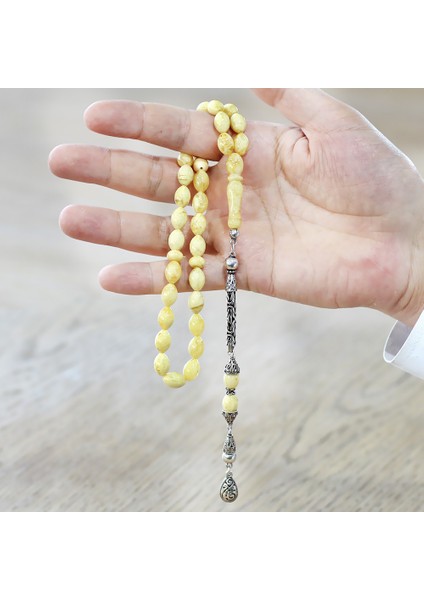 Damla Kehribar Tesbih - 925 Ayar Gümüş Kral Püsküllü - King Seccer - Arpa Kesim - Premium Kutulu indirimleri