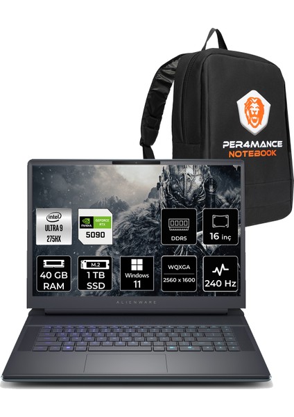 Alienware 16 Area-51 Intel Core Ultra 9 275HX 40GB 1tb SSD RTX5090/24GB 175W 16" Qhd+ 240Hz W11H Taşınabilir Bilgisayar & Per4 Çanta AA16250U932190WP401