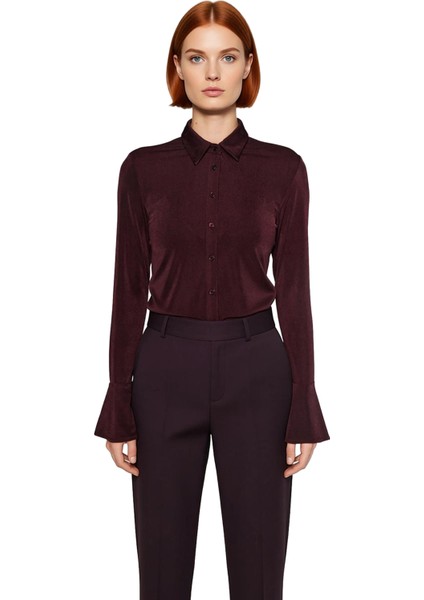 Kadın Düğmeli Örme Gömlek Yaka Uzun Ispanyol Kol Parlak Yüzeyli Yumuşak Dokulu Bluz Modern fiyatları