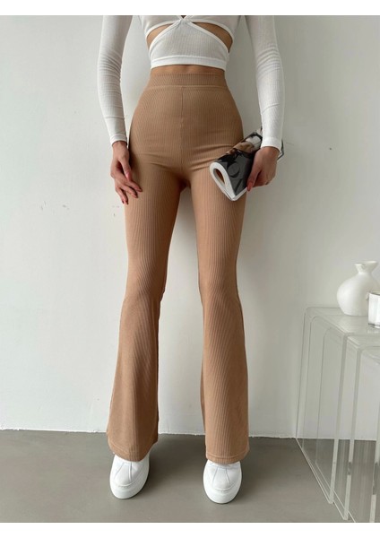 Şık ve Rahat Yüksek Bel Ispanyol Paça Fitilli Toparlayıcı Bej Tayt ( Lisinya ) modelleri