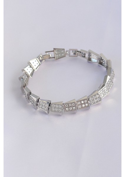 Vip Seri Pirinç Zirkon Taşlı Gümüş Renk Geometrik Bileklik - Lisinya