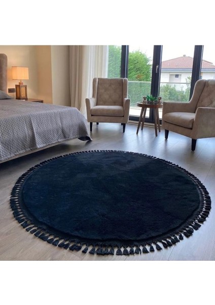 Mavi Cloudy Düğüm Saçaklı Yuvarlak Post Peluş Halı Kaymaz Taban Yumuşacık Yolluk