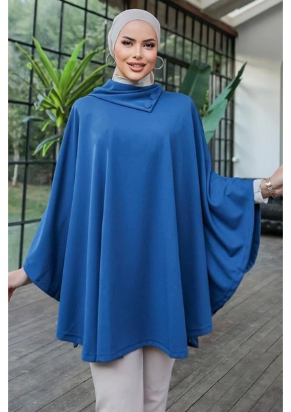 Düğme Detaylı Şık Tasarımlı Mavi Şal Yaka Panço ( Lisinya )