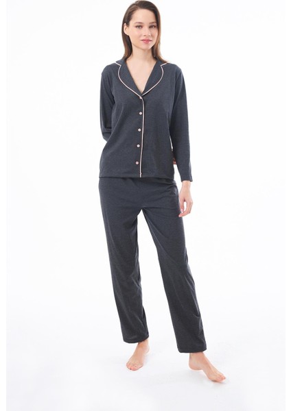 Antrasit Önden Düğmeli Pamuklu Kadın Pijama Takımı