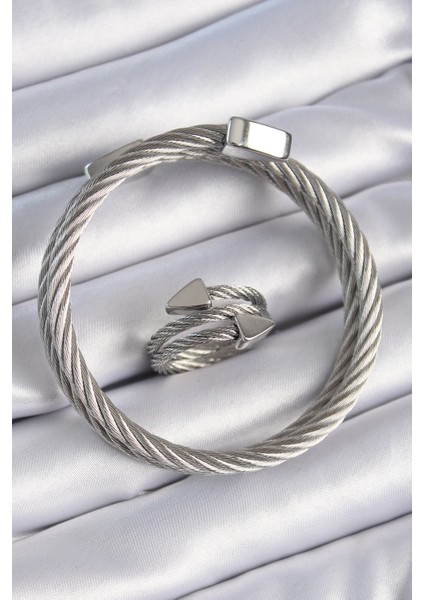 316L Çelik Gümüş Renk Sarmal Model Erkek Bileklik Yüzük Kombini - Lisinya