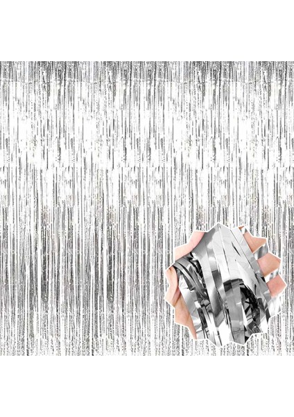 Gümüş Renk Ekstra Metalize Parlak Saçaklı Arka Fon Perde Ithal A Kalite 1x2 Metre - Lisinya modelleri