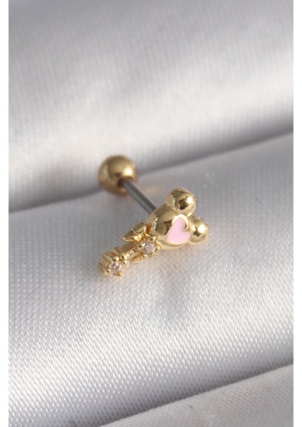 316L Çelik Gold Renk Zirkon Taş Detay Pembe Kalp Işleme Tragus Piercing - Lisinya