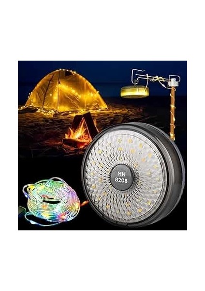 Şarjlı 10 Metre Ledli Şarj Göstergeli 8 Işık Modlu Hareketli ve Flaşör Modlu Kamp Lambası LED Işık