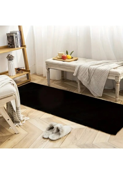 Yumuşak Dokulu Yıkanabilir Kaymaz Taban Siyah Peluş Halı Antre Koridor Yolluk Mutfak Oturma Odası
