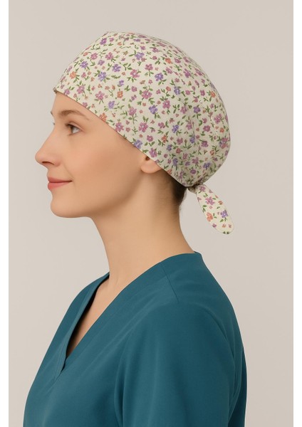 Krem Çıtır Çiçek Desenli Doktor Hemşire Aşçı Bonesi Unisex