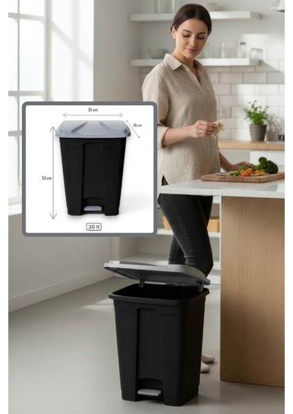 Slim Pedallı Çöp Kovası 30 Lt Gri -Siyah - Hijyenik Ayaklı Çöp Tenekesi İç ve Dış MekanIç ve Dış Mekan indirimleri