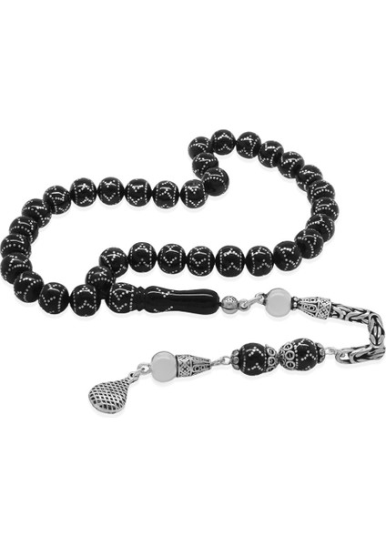 925 Ayar Gümüş Kral Zincir Püsküllü Gümüş Zigzag Işlemeli Küre Kesim Erzurum Oltu Taşı Tesbih