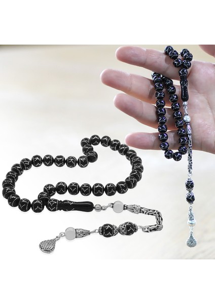 925 Ayar Gümüş Kral Zincir Püsküllü Gümüş Zigzag Işlemeli Küre Kesim Erzurum Oltu Taşı Tesbih fiyatları