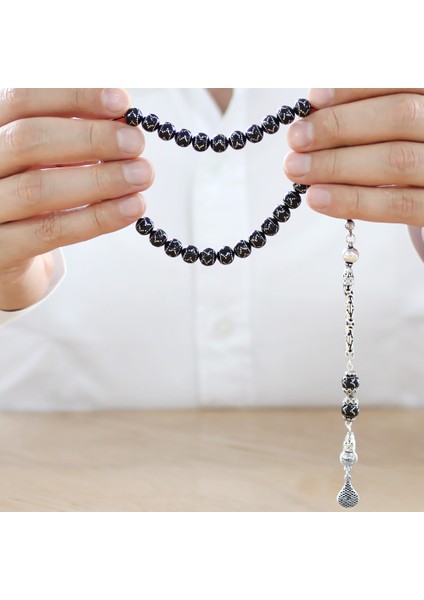 925 Ayar Gümüş Kral Zincir Püsküllü Gümüş Zigzag Işlemeli Küre Kesim Erzurum Oltu Taşı Tesbih modelleri