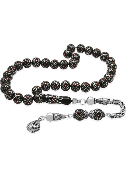 925 Ayar Gümüş Kral Zincir Püsküllü Gümüş Mercan Işleme Küre Kesim Erzurum Oltu Taşı Tesbih