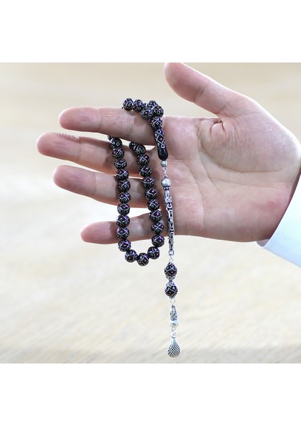 925 Ayar Gümüş Kral Zincir Püsküllü Gümüş Mercan Işleme Küre Kesim Erzurum Oltu Taşı Tesbih fırsatları