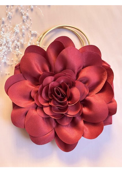 Bordo Kumaş Gold Metal Saplı Gül Çiçek Çanta El Çantası Abiye Günlük Şık Kadın Çantası modelleri