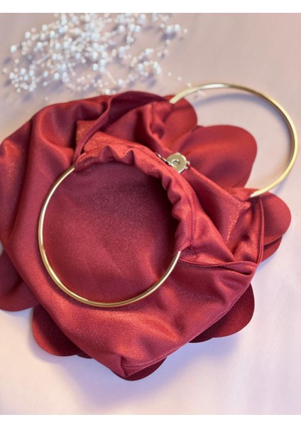 Bordo Kumaş Gold Metal Saplı Gül Çiçek Çanta El Çantası Abiye Günlük Şık Kadın Çantası indirimleri