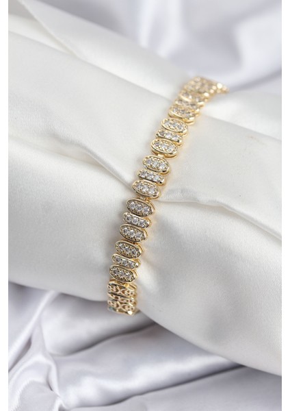 Pirinç Vıp Seri Gold Renk Oval Sıralı Kadın Bileklik - Lisinya